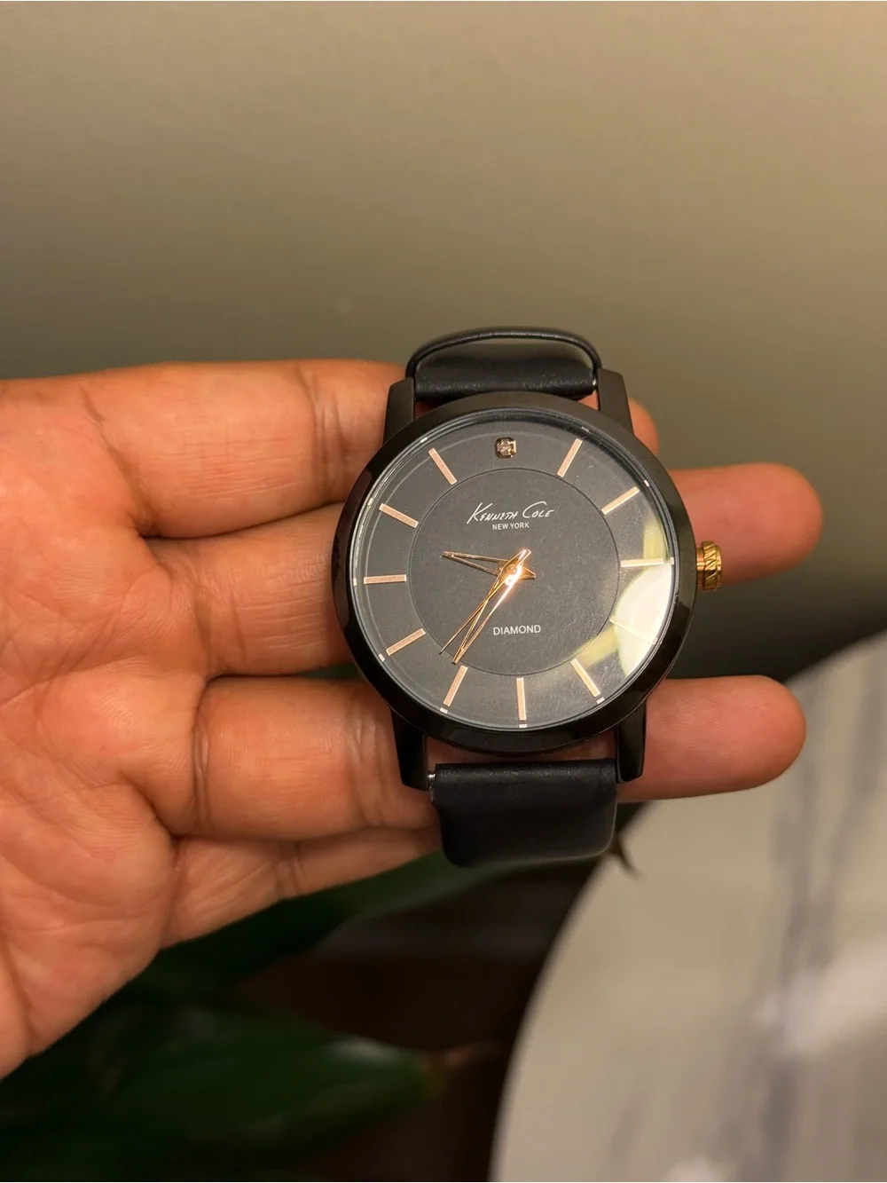 Kenneth Cole New York Black Dial Black Leather Strap Watch with Gold Accents men